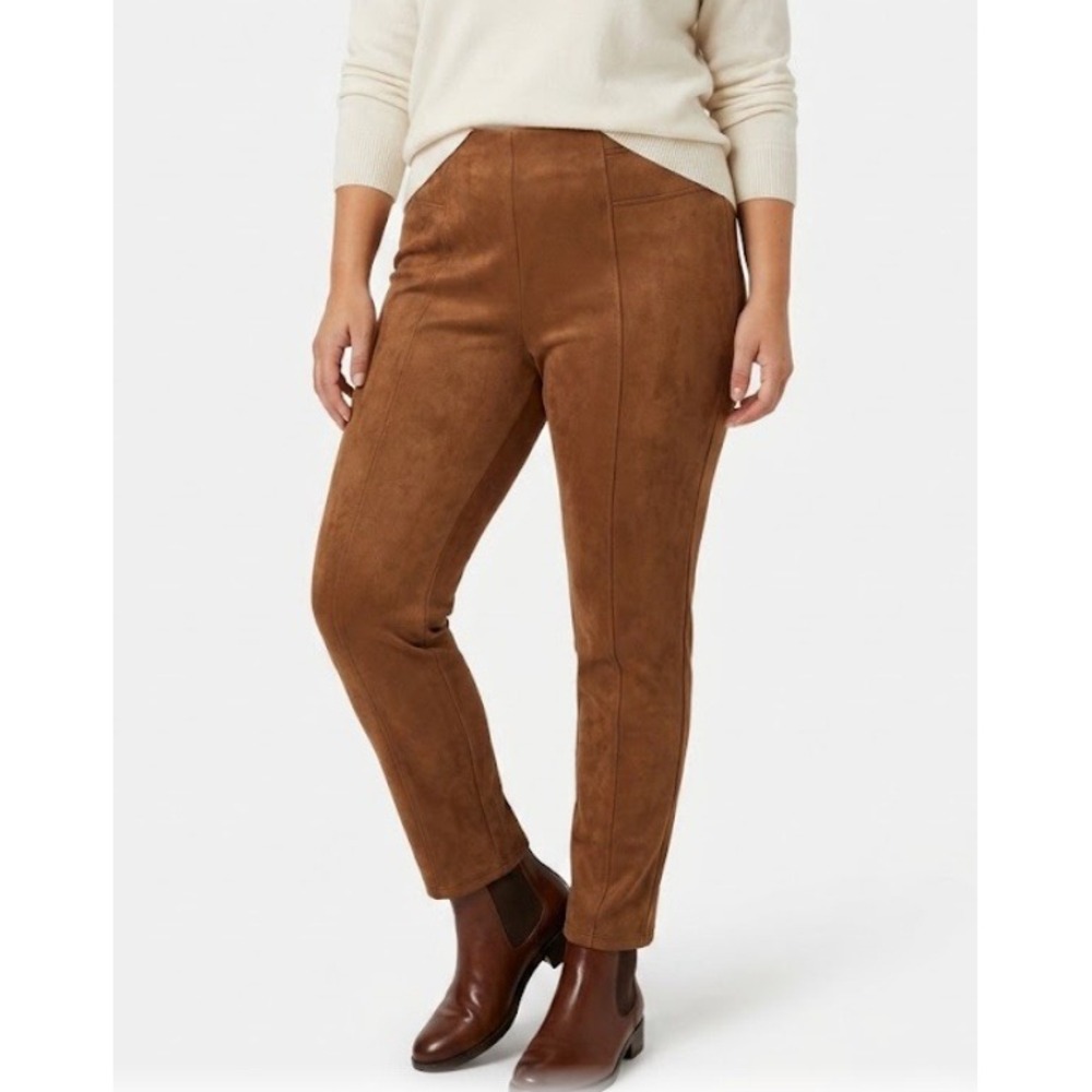 John Mark Faux Suede Pants 1X Brown Pull On Stretch Slim Ankle Comfy